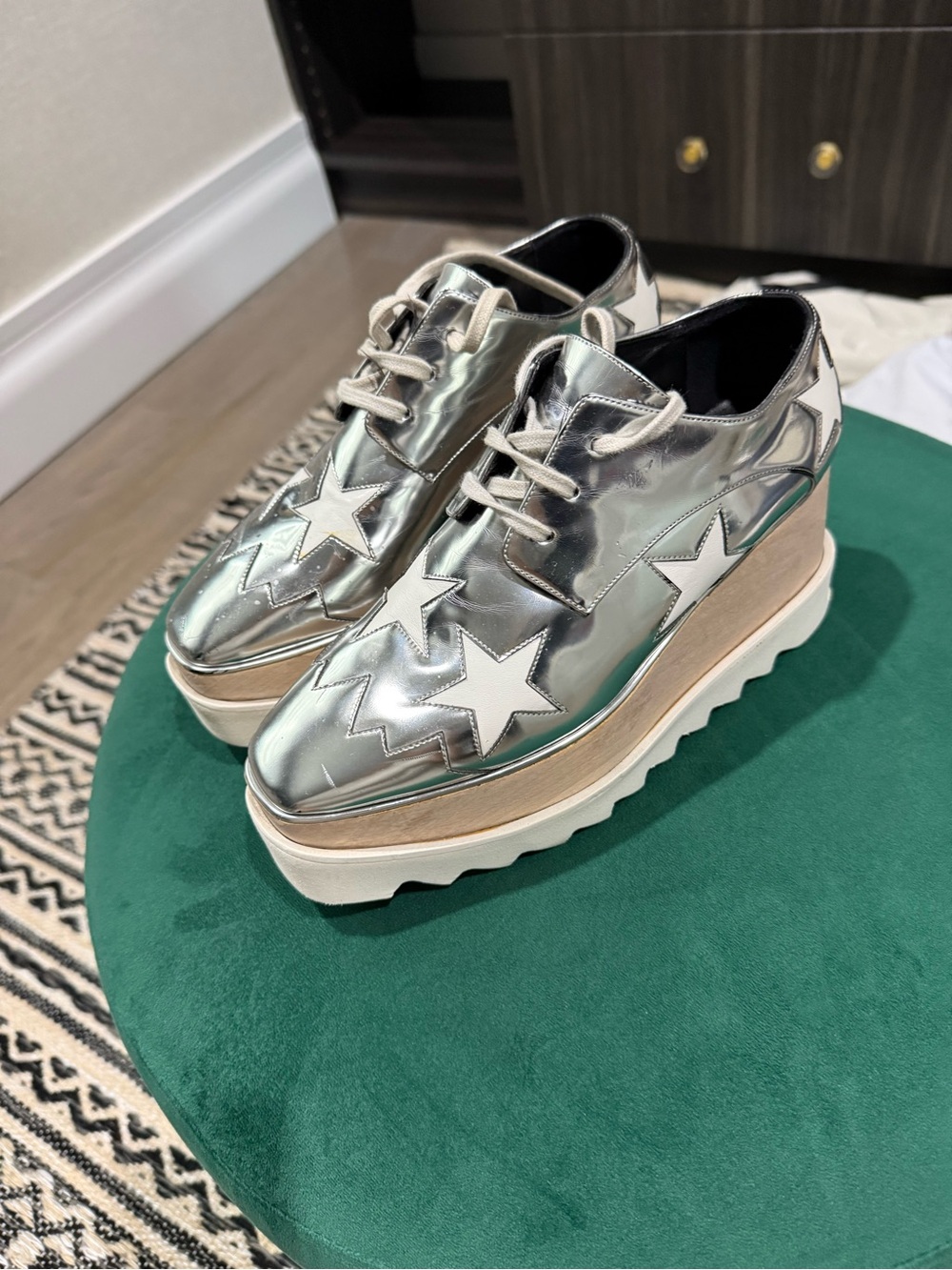 Stella McCartney Silver Metallic Star Platform Lace-Up Sneakers